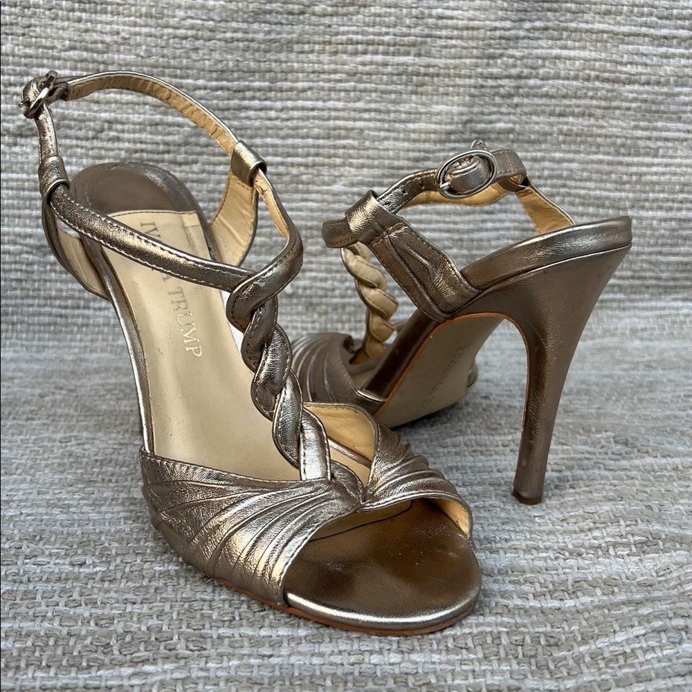 Ivanka Trump T-Strap Open Toe Braided Heels in Champagne Gold size 6.5
